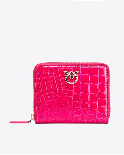 Pinko Galleria Square Zip-around Wallet In Shiny Croc-print Leather - Pink