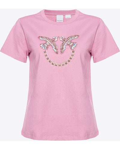 Pinko T-Shirt Mit Love Birds-Stickerei, Rauch Orchidee - Pink