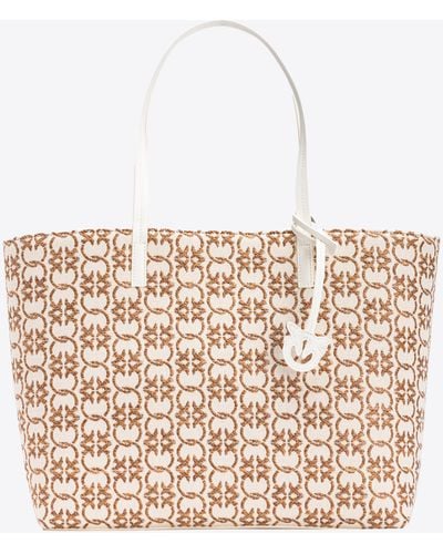 Pinko Big Shopper Bag In Monogram Raffia - White
