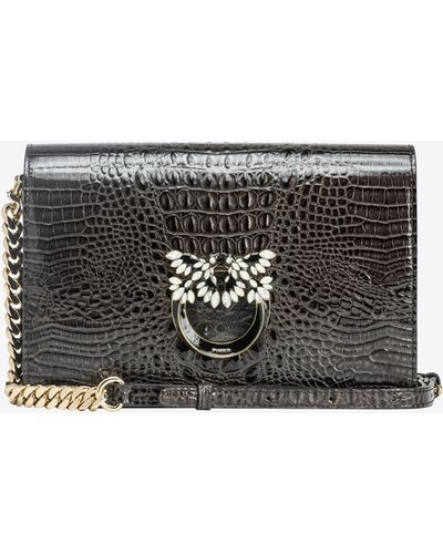 Pinko Galleria Classic Love Bag Click In Shiny Crocodile-print Leather - Black