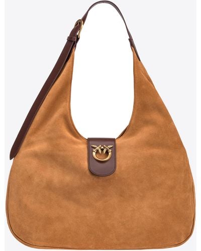 Pinko Big Hobo Bag In Suede And Leather - Brown