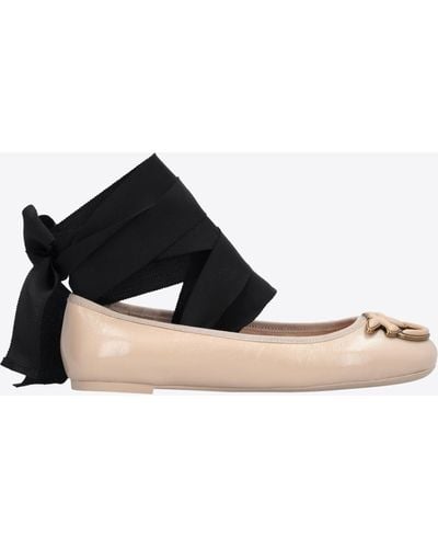 Pinko Nappa Leather Ballerinas With Ribbons - Black