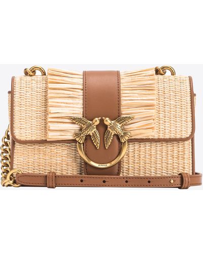 Pinko Mini Love Bag Light In Raffia And Leather With Fringing - Natural