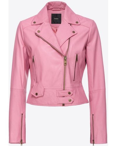 Pinko Nappa Leather Biker Jacket - Pink