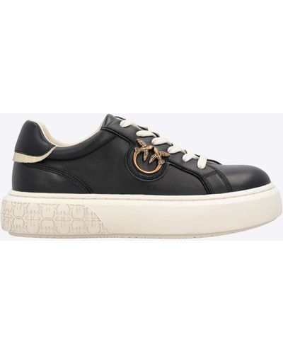 Pinko Leather Sneakers With Love Birds Plaque - Black