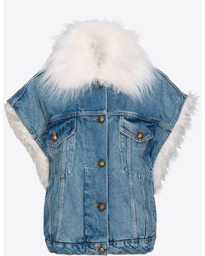 Pinko Sleeveless Denim Jacket With Faux Fur - Blue