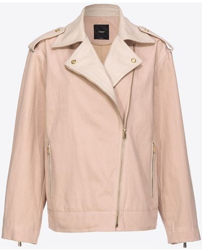 Pinko Cotton And Leather Biker Jacket - Natural
