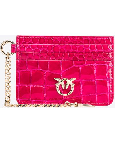 Pinko Galleria Card Holder In Shiny Coloured Croc-print Leather - Pink