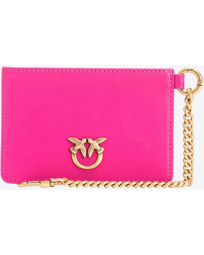 Pinko Leather Card Holder With Chain - Pink
