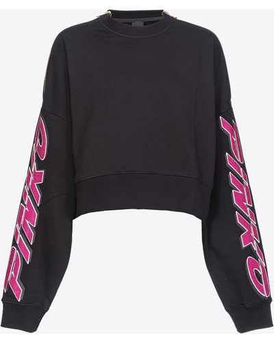 Pinko Cropped Sweatshirt With Rhinestoned Print - Black