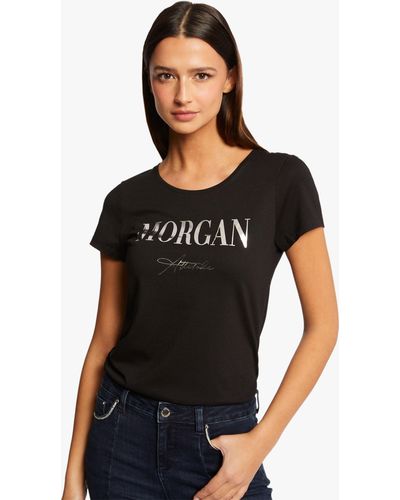 Morgan Tee-shirt col rond droit à inscription en coton mélangé - Noir