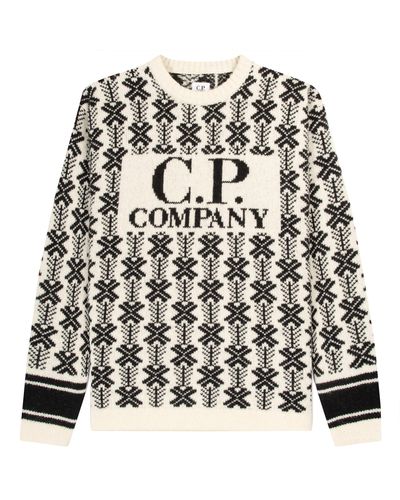 C.P. Company Wool Jacquard Logo Knit White - Black