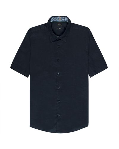 BOSS S-liam Linen Ss Shirt Navy - Blue
