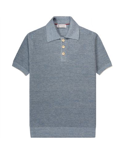 Brunello Cucinelli Ribbed Large Buttoned Polo Sky Blue