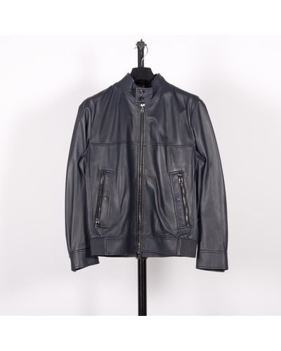 BOSS T-mailor Full Zip Leather Jacket Dark Blue - Grey