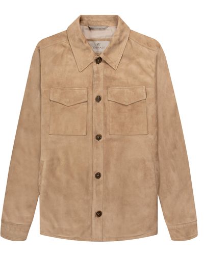 Canali Buttoned Safari Suede Jacket Taupe - Natural