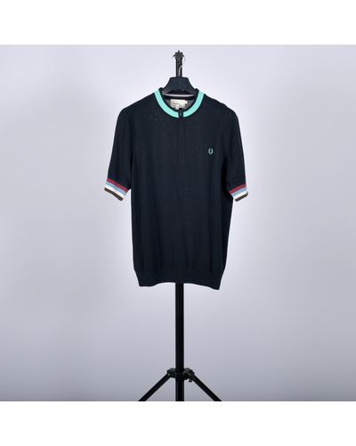 Pockets Re- Fred Perry Knitted 1/4 Tee With Stripe Arms Navy Multi - Blue