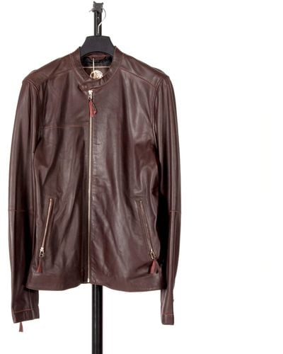 Pockets Re- Pretty Green Leather Bomber Jacket Burgundy - Brown