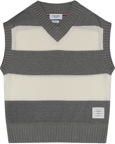 Thom Browne V-neck Bar Stripped Knitted Vest White/grey