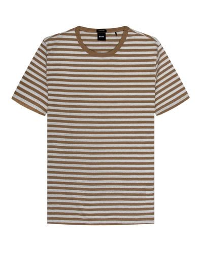 BOSS Hugo Tiburt Striped Linen T-shirt Brown/white - Grey