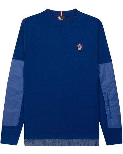Moncler Grenoble Stretch Wool Water Repellent Detailed Crewneck Knit Blue