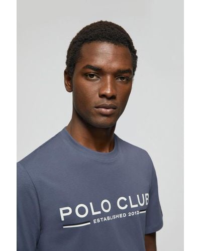 POLO CLUB Basic-T-Shirt Denimblau Mit Markantem Aufdruck Auf Der Brust - Weiß