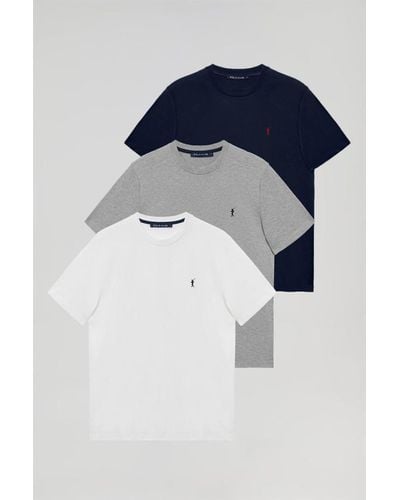 POLO CLUB Pack Mit Drei Schlichten Kurzärmligen T-Shirts Mit Logo-Stickerei, Marineblau, Weiß Und Grau Meliert