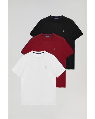 POLO CLUB Pack Mit Drei Schlichten Kurzärmligen T-Shirts Mit Logo-Stickerei, Weiß, Bordeauxrot Und Schwarz