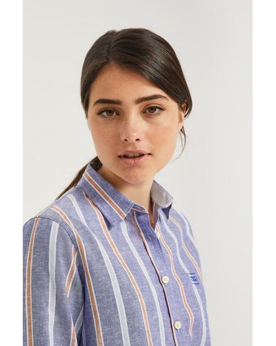 POLO CLUB Hemd Aus Leinen-Baumwollgemisch Mit Breiten Streifen Und Kleiner Stickerei Auf Der Brust - Blau