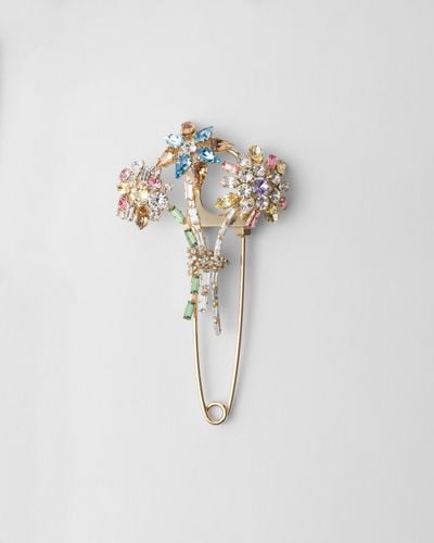 Prada Metal Brooch With Crystals - White
