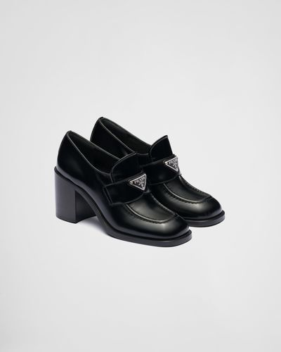 Prada Brushed Leather High-heel Loafers - Black