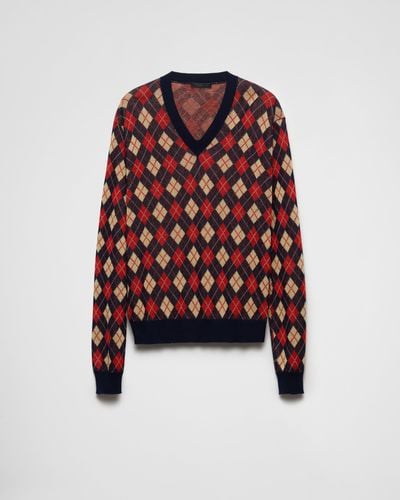 Prada Argyle Cotton Sweater - Red