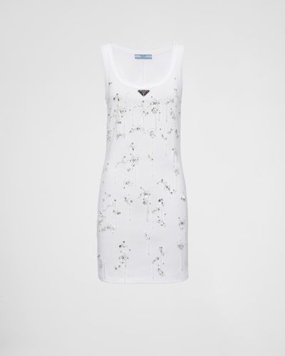 Prada Embroidered Ribbed Jersey Dress - White