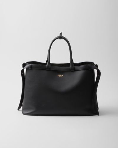 Prada Buckle Leather Handbag With Double Belt - Black