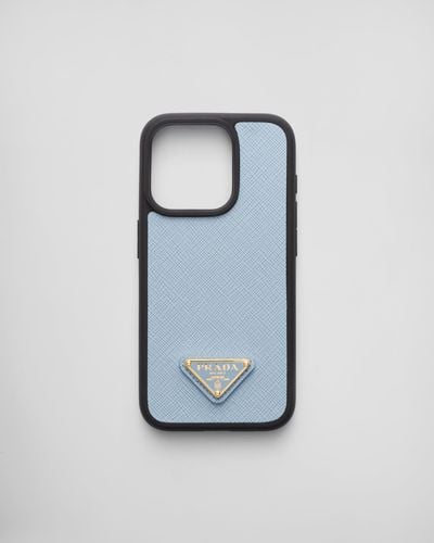 Prada Saffiano Leather Cover For Iphone 15 Pro - Blue