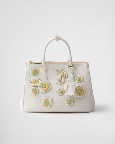 Prada Large Galleria Leather Bag With Floral Appliqués - White
