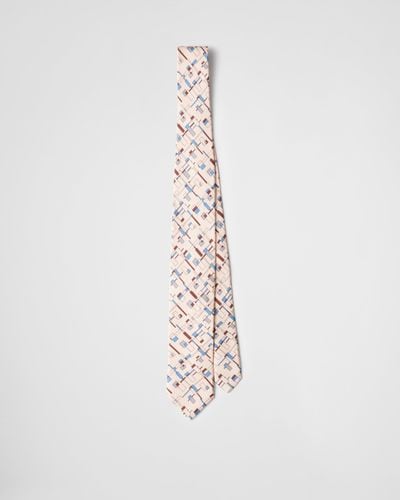 Prada Silk Twill Tie With Geometric Pattern - White