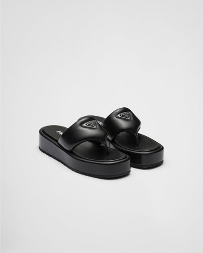 Prada Soft Padded Nappa Leather Thong Wedge Sandals - Black