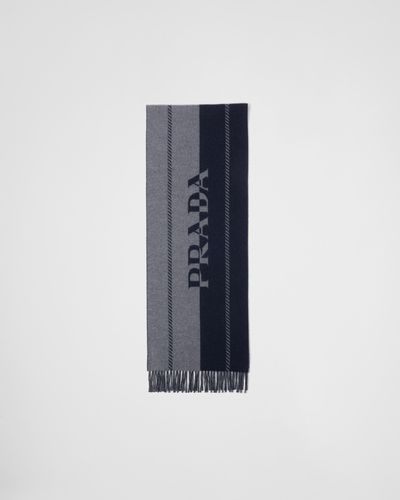 Prada Small Wool Scarf With Jacquard Logo - Blue