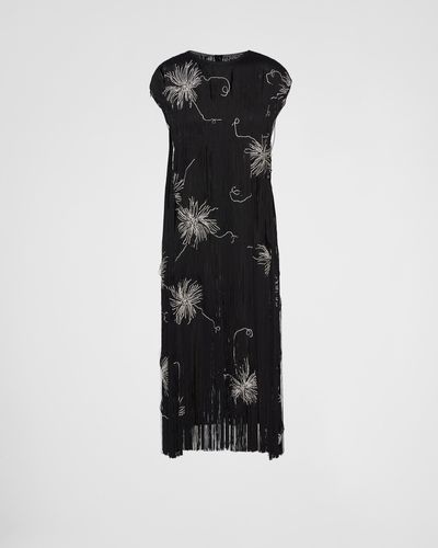 Prada Embroidered Dress With Fringe - Black