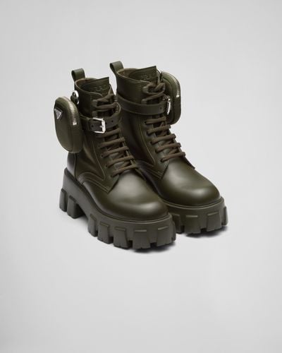 Prada Monolith Leather And Re-Nylon Boots With Pouch - Green