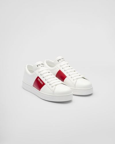 Prada Leather Laced Sneakers With Logo - White