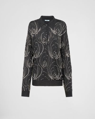Prada Cashmere Polo Shirt With Embroidery - Black