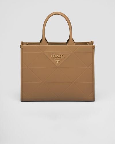 Prada Medium Leather Symbole Bag With Topstitching - Natural