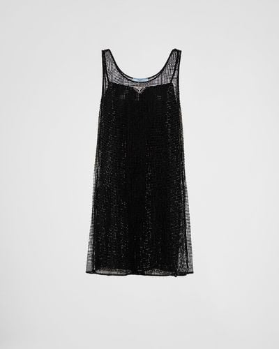 Prada Rhinestone Embroidered Mesh Mini-Dress - Black