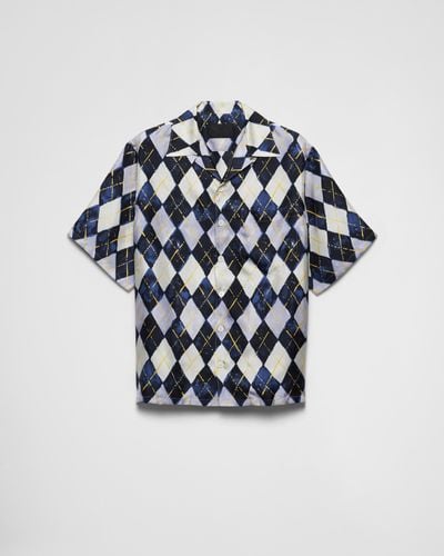 Prada Short-Sleeved Argyle-Pattern Silk Twill Shirt - Blue