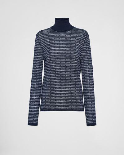 Prada Superfine Wool Turtleneck Sweater With Intarsia Logo - Blue