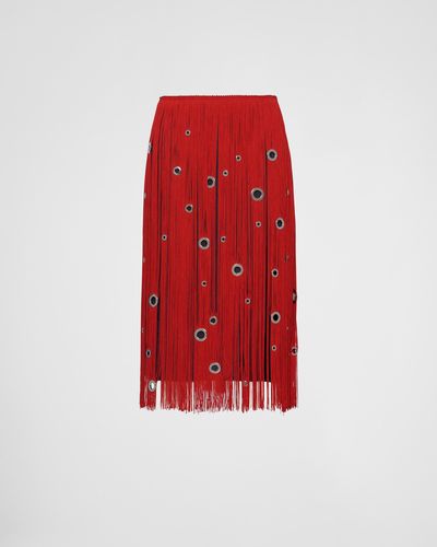Prada Midi-Skirt With Fringe And Grommet Embellishment - Red