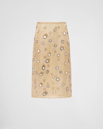 Prada Mirror-embellished Organza Midi-skirt - Natural