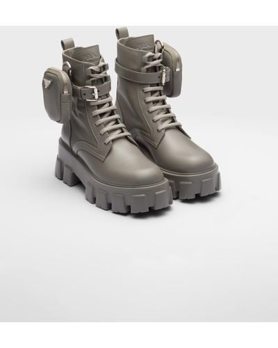 Prada Monolith Leather And Re-Nylon Boots With Pouch - Gray